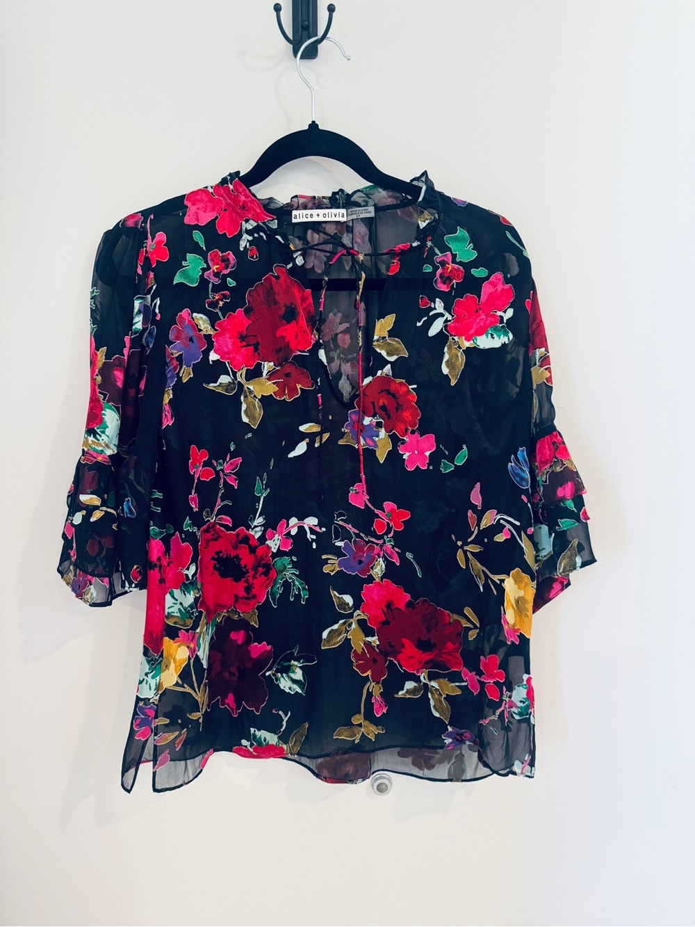 Alice + Olivia Black Sheer Floral Blouse